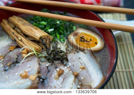tonkotsu pork ramen japanese noodle close view
