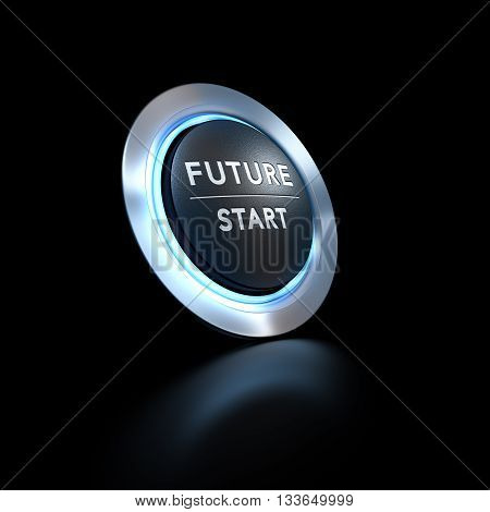 3D illustration of a pushbutton where it is written future start with blue light over black background. Concept image for illustration of life change or strategic vision.