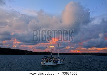 Sailboat In Great Darwin Bay At Sunrise, Genovesa Island, Galapagos National Park, Ecuador