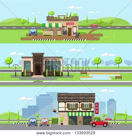 Stock vector illustration city street with cafe and restaurant pub in flat style element for infographic website icon games motion design video