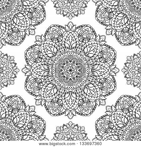 Oriental seamless pattern of mandalas. Vector black and white floral background. Template for textile carpet wallpaper shawls.