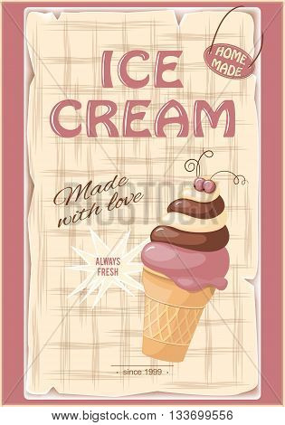 Vector illustration banner with current ice cream in the waffle and chokolate on the vintage background. eps10