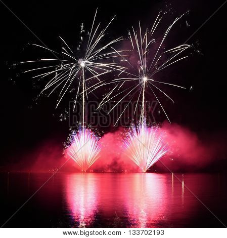 Beautiful Colorful Fireworks On Water. Brno Dam. International Fireworks Competition Ignis Brunensis