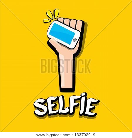Taking Selfie Photo on Smart Phone creative concept image. vector selfie sign isolated on orange. Summer selfie photo. Selfie cartoon text