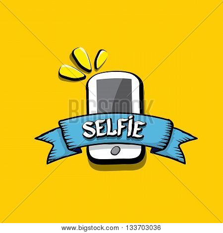 Taking Selfie Photo on Smart Phone creative concept image. vector selfie sign isolated on orange. Summer selfie photo. Selfie cartoon text