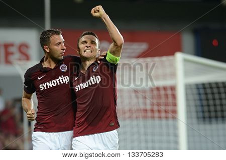 PRAGUE 10/AUG/2015 : David Lafata celebrates his goal with Josef Husbauer. 3.round of Czech soccer League between AC Sparta Praha and FC Fastav Zlín.