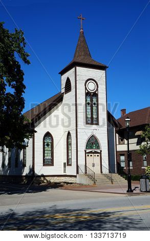 The former St Mary's Catholic Church, originally built as a Universalist church in 1836, now abandoned in downtown Plainfield.