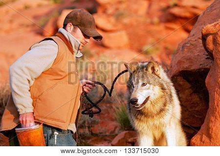 ARIZONA, USA - APRIL 16: Unidentified man - animal trainer sits with gray wolf on April 16, 2007 in Arizona, USA. The gray wolf is one of the world's best known and well researched animals.