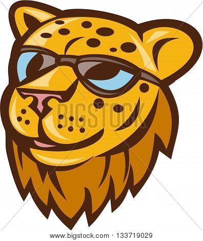 Illustration of a cheetah head smiling wearing sunglasses viewed from front set on isolated background done in cartoon style.