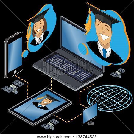 Social Media Connection Global Communication, online education, isometric vector illustration.