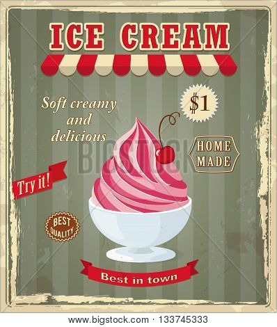 Vector illustration banner with cherry frozen yogurt on the vintage background and text Best in town Try it Best quality home made. Image for menu restaurant shop cafeteria ice cream parlor. eps10