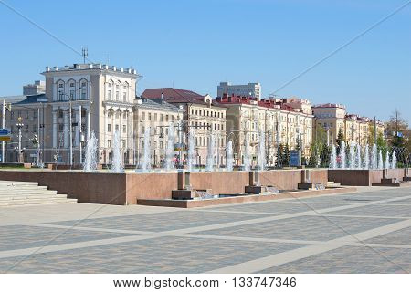 KAZAN, RUSSIA - MAY 02, 2016: The Avenue of fountains at Tatarstan street in Kazan. Tourist landmark of the Kazan