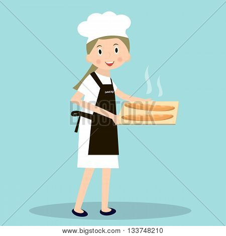 Cooking bread miller chef. Professions miller. Baker with hot baguettes. Vector illustration