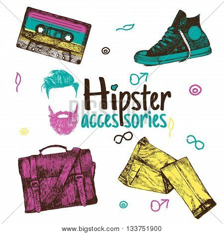 Vector hipster colorful set 2. Hipster colorful accessories in retro style on white background