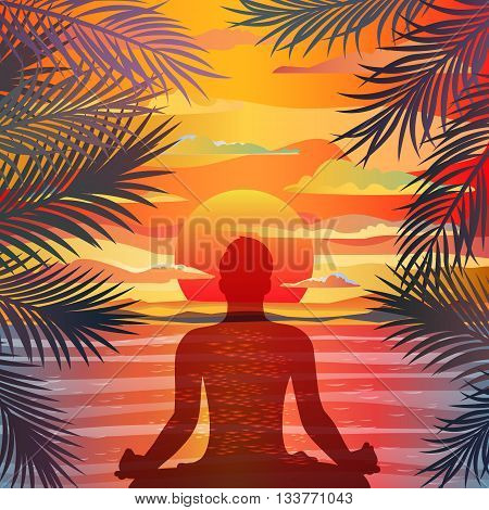 Healthy lifestyle concept. Vector sunset background with silhouette of man practicing yoga in the lotus position. Yoga exercises and recreation.