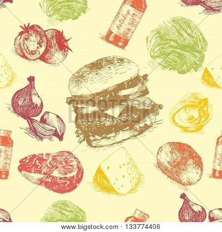 Vector illustration of classic burger ingredients in seamless background. Hand drawn colorful illustration on yellow background