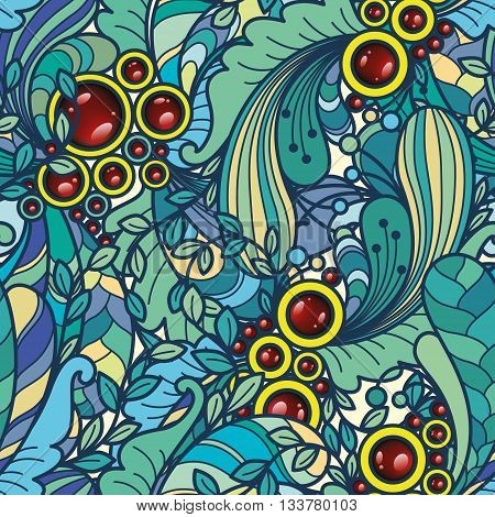 Vector seamless bright blue background with abstract ornamental doodles
