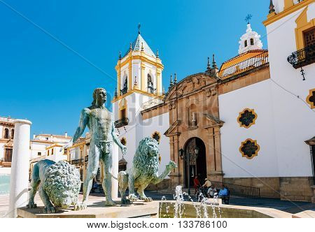 Plaza Del Socorro Church In Ronda, Spain. Old Town Cityscape