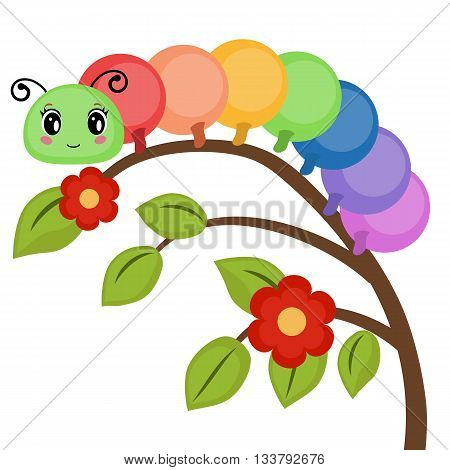 Vector illustration of multicoloured cheerful caterpillar on white background.