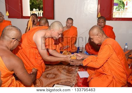 Nakhonnayok-thailand ,july 3 : Newly Ordained Buddhist Monk Pray With Priest Procession. Newly Ordai