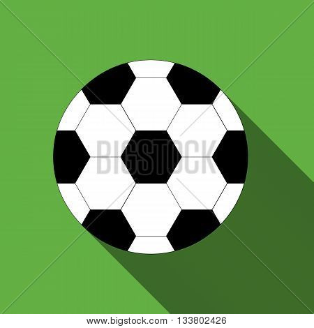 Soccer ball on green background with long shadow. Picture style flat
