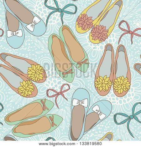 Flat womens balet shoes vector seamless pattern.