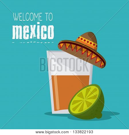 Mexico culture icons in flat design style, tequila glass with hat and lemmon slice. vector illustration