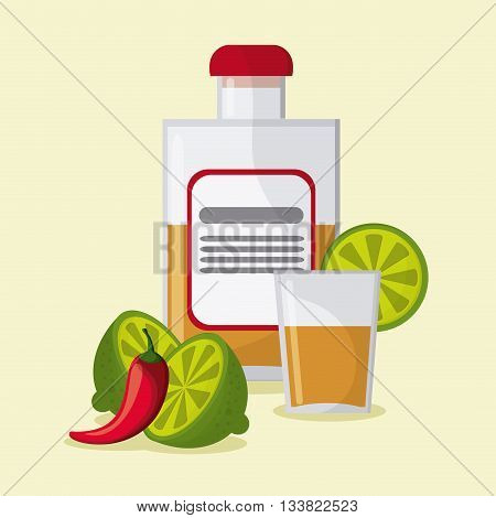 Mexico culture icons in flat design style, tequila, lemmon and pepper. vector illustration
