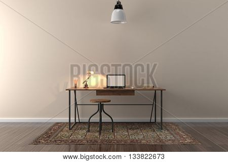 Work desk in empty room with big wall in background. 3D illustration