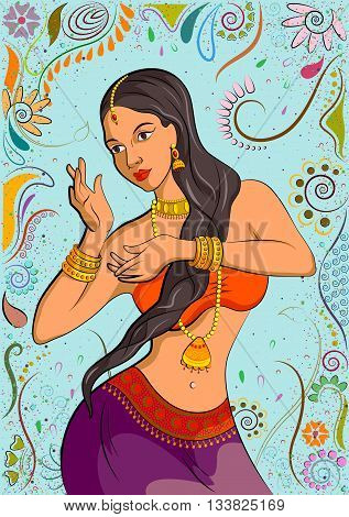Traditional Indian woman in dancing pose. Vector illustration
