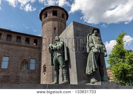 TURIN ITALY - APRIL 23 2016: Monument to Emanuele Filiberto Duca d'Aosta commander of the 3rd Army in WWII was designed by Eugenio Baroni and inaugurated in 1937 on Piazza Castello.