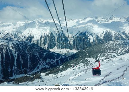 Ischgl, Austria, March 8, 2016: In the cable car from Ischgl to Pardatschgrat.