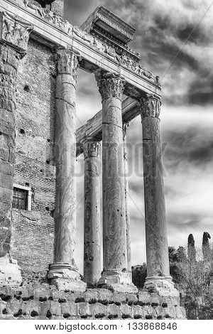 Ruins Of The Temple Of Antoninus And Faustina In Rome, Italy
