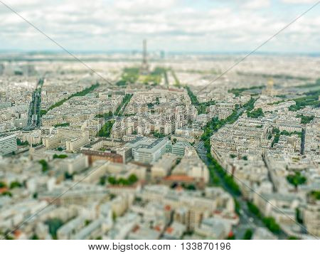 Panoramic View Of Paris From Tour Montparnasse. Tilt-shift Effect Applied