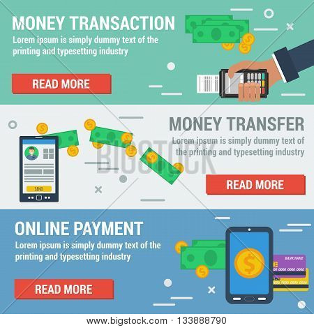 Vector horizontal banners online payment. Financial operation money online transaction banking online easy money transfer in flat style