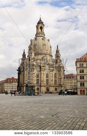 DRESDEN GERMANY - SEPTEMBER 17 2010: The Frauenkirche in Dresden Germany. It is a Lutheran church. It was destroyed in the bombing of Dresden during World War II and was rebuilt in 2005.