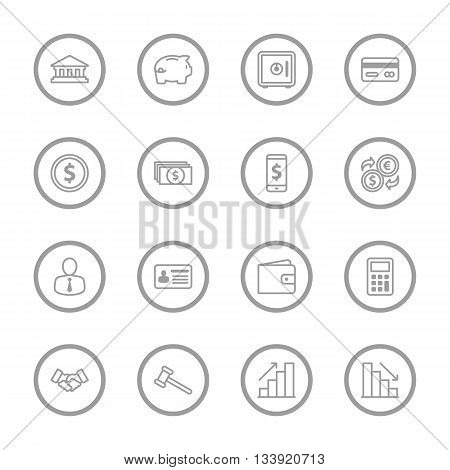 gray line business commercial and finance icon set with circle frame for web design user interface (UI) infographic and mobile application (apps)