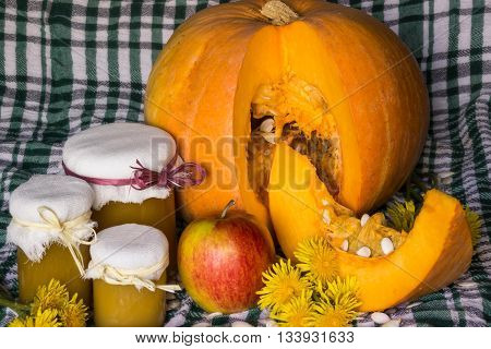 Pumpkin and pumpkin jam, puree or sauce on green with white tablecloth. Autumn still life.