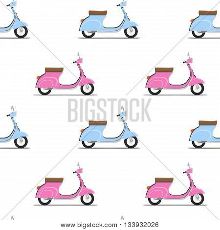 seamless pattern of the classic pink and blue moped. Vector illustration