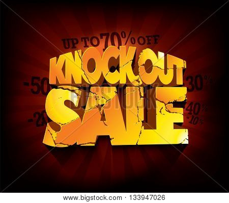 Knockout Sale typographic design with gold broken text against deep red rays backdrop. sale layout design. Vector illustration