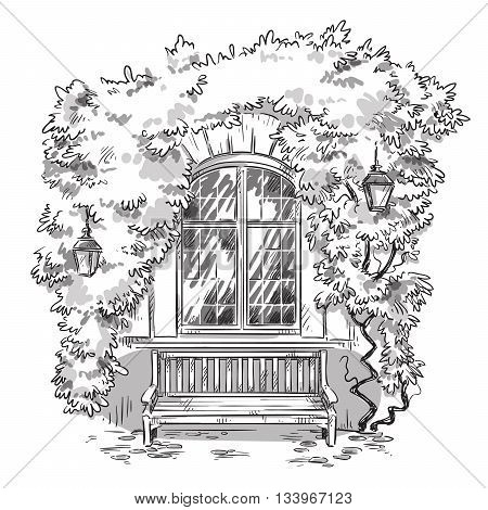 Vines and a bench. A cozy place vector illustration EPS 10 fully editable
