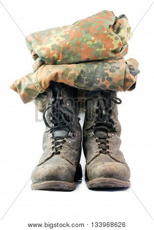 old black combat boots on white background