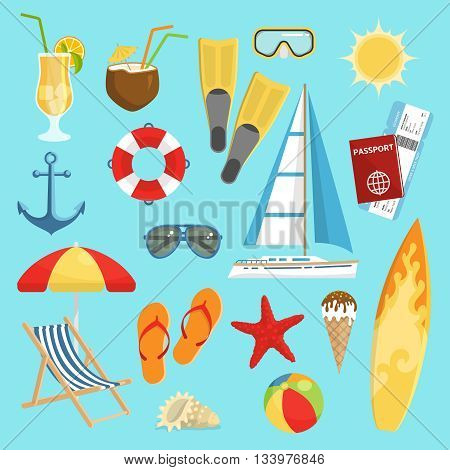 Flat summerset composition with equipment accessories for swimming and relaxing on the beach vector illustration