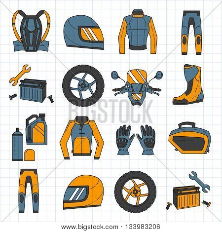 Vector set of linear motorcycle icons Parts and clothes Simple design