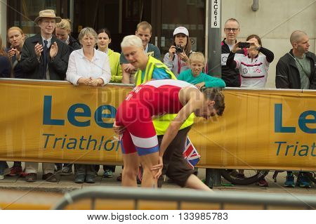 LEEDS, UK - JUNE 12: Triathlete Richard Varga retires from the World Triathlon Series stage 5 with an injury June 12, 2016 in Leeds, UK