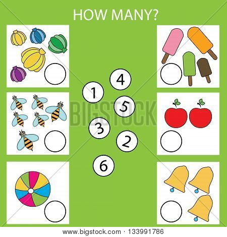 Counting educational children game. How many objects task. Learning mathematics numbers