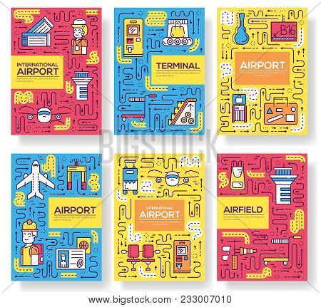 Thin Line Staff Working And Registering People Brochure Cards Set.  Luggage In The Airport Template 