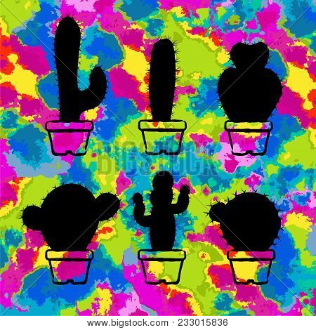 Black Cactuses In A Pots Set. Colorful Concept Vector Illustration. Concept Vector Illustration On A