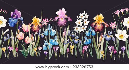 Beautiful Seamless Pattern With Watercolor Hand Drawn Springcrocuses Hyacinths Irises Flowers