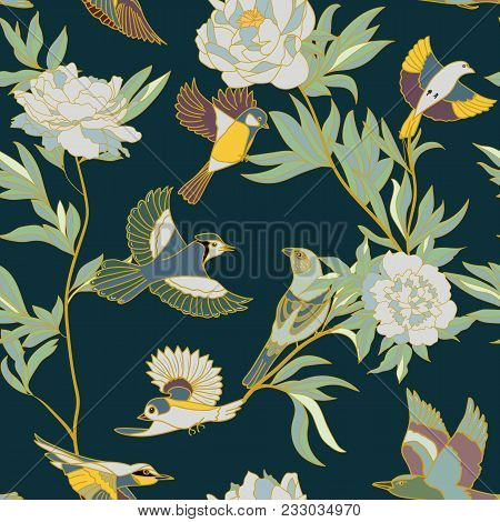 Bright Wide Vintage Seamless Background Pattern. Peony, With Humming Birds Around. Stylized On Dark 